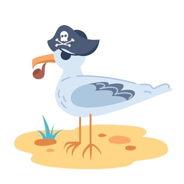 Cute sea gull sailor with a tobacco pipe in a cocked hat Childrens cartoon character Oneeyed pirate Jolly Roger adventures and travels Vector illustration in flat style For stickers design