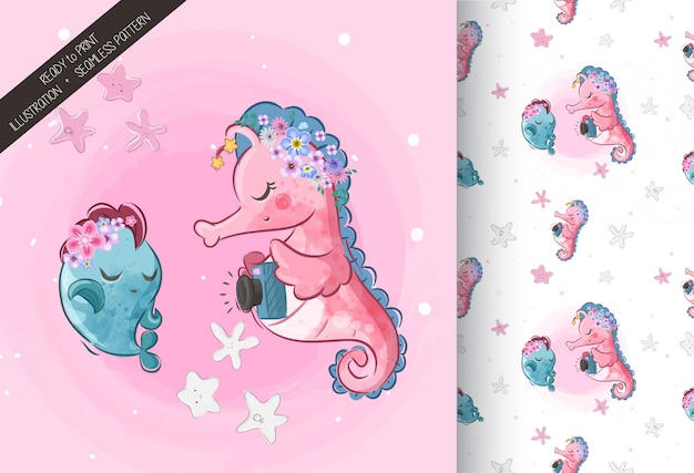 cute sea horse  with seamless pattern