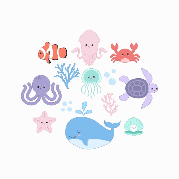 Cute sea underwater animals set