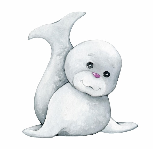 Cute seal gray in color in cartoon style Watercolor animal on an isolated background