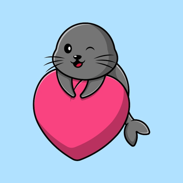 Cute Seals With Heart Love Cartoon Vector Icon Illustration