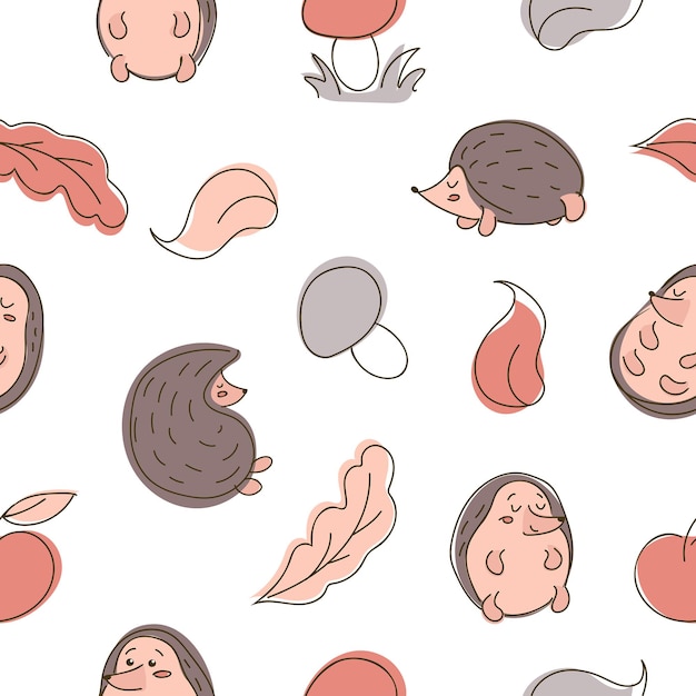 Cute seamless autumn pattern with hedgehogs leaves apple and mushrooms