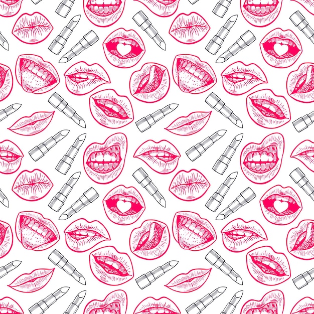 Cute seamless background of sketch different lips and lipsticks. hand-drawn illustration