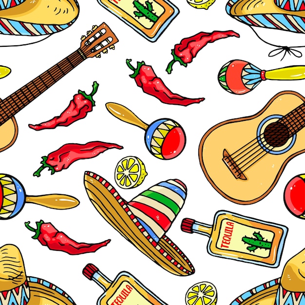 Cute seamless background of a traditional Mexican items - maracas, sombreros, guitars. hand-drawn illustration