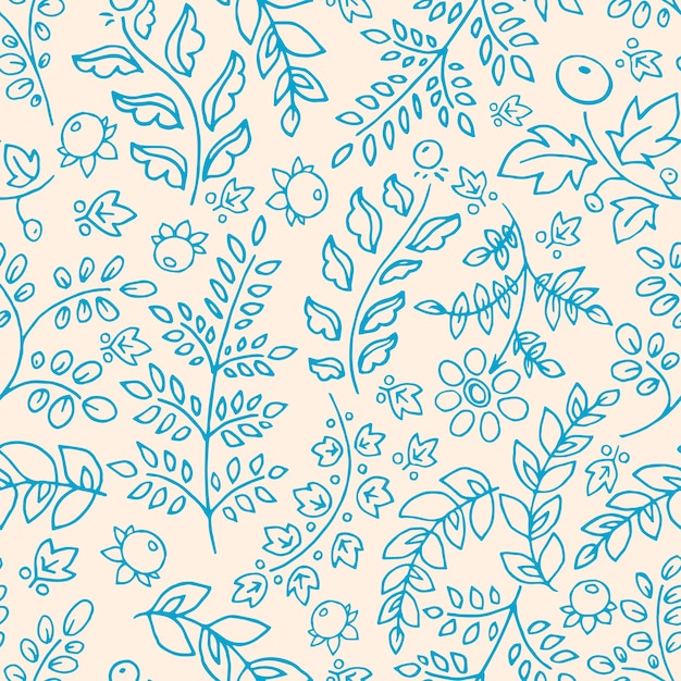 Cute seamless background with blue flowers leaves and berries