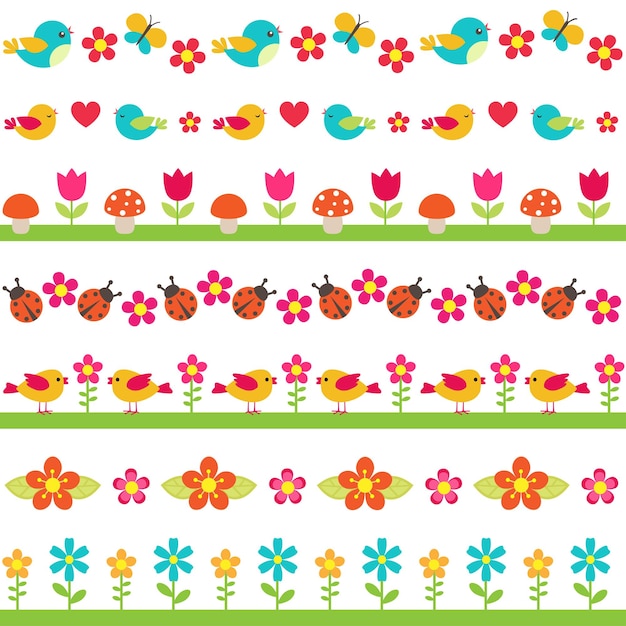 Cute seamless borders with birds and flowers