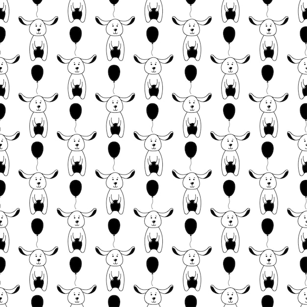 Cute seamless dog pattern with funny doodle dog with black balloonsDoodle vector illustration Pattern for kids print fabric postcards