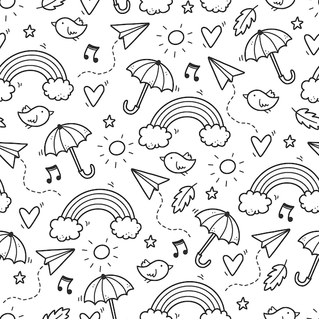 Cute seamless doodle pattern with cloud, rainbow, umbrella, sun, star element. Hand drawn line children style. Doodle background vector illustration.