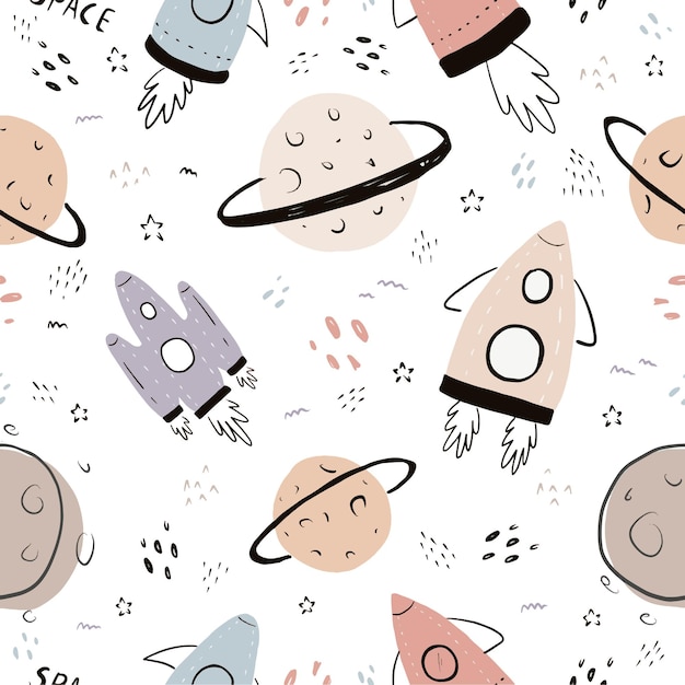 cute seamless hand drawn space pattern with rocket star comet space craft planets     galaxy