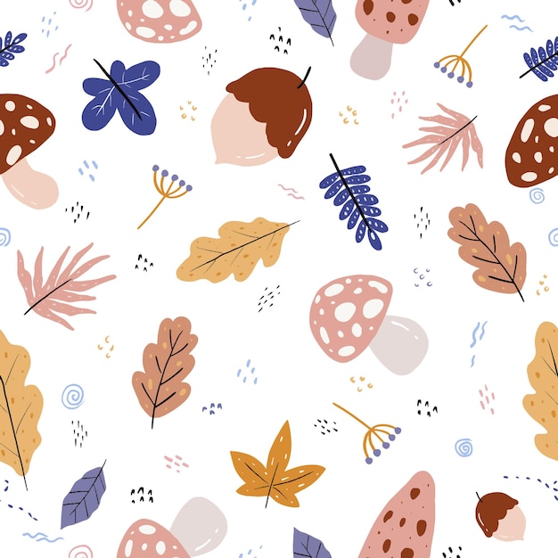 Cute seamless hand drawn vector with leaves mushroom and flower Autumn