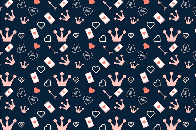 Cute seamless love pattern design with king crowns and love shapes Minimalist love pattern background for wallpapers and bed sheets Valentines day pattern decoration on a dark background