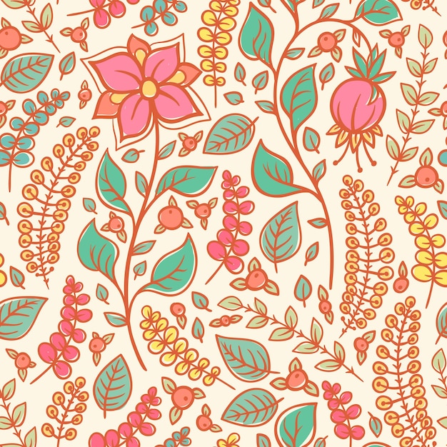 Cute seamless natural background with chamomiles, pink berries and leaves