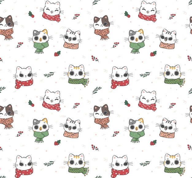 Cute seamless pattern background winter scarf kitten cat doodle cartoon clip art collection illustration vector animal hand drawing