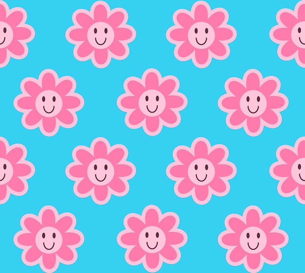 Cute seamless pattern background with smiling daisy flower in pink color on bright blue backdrop