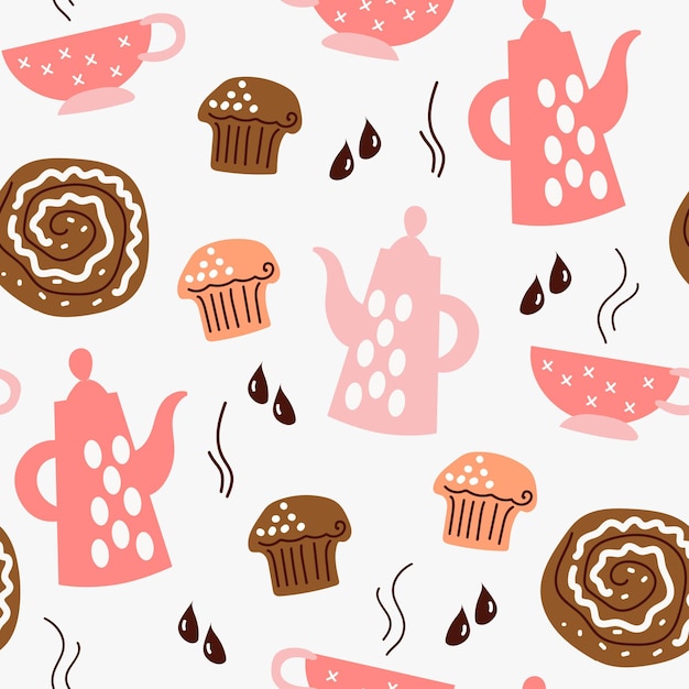 Cute seamless pattern of coffee dnd pastries doodle sketch hand drawn style tea tea pot