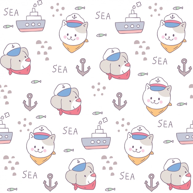 Cute seamless pattern colorful cat and dog and sea vector.