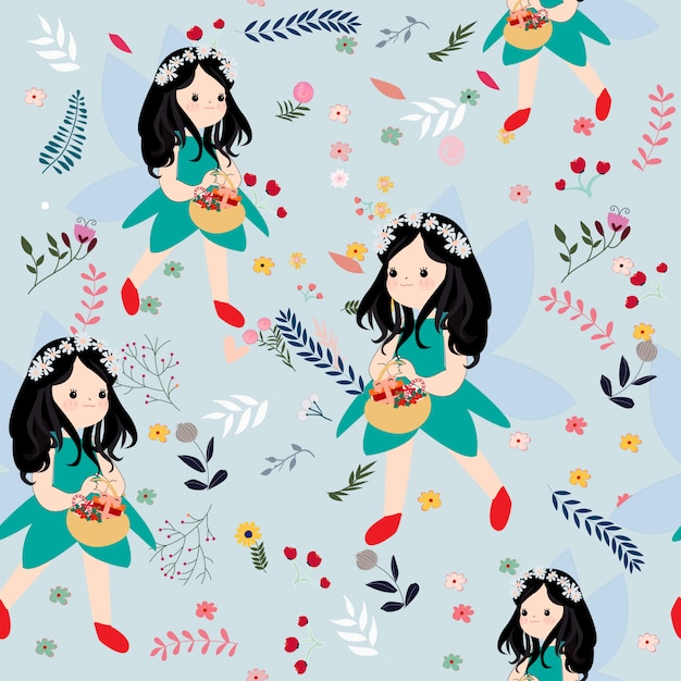 Cute seamless pattern girl and wild flower