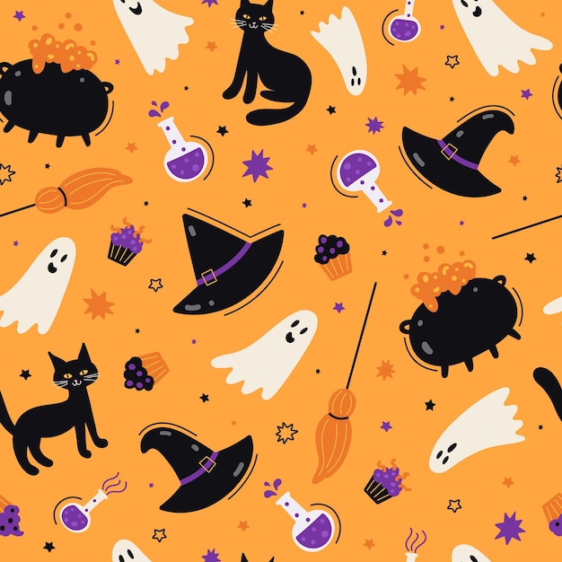 Cute Seamless Pattern Halloween Ghost Cat Witch Cauldron Broom Hat Candy Vector Illustration