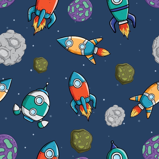 Cute seamless pattern of spaceship with asteroid and star