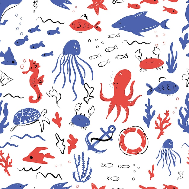 Cute seamless pattern on the theme of marine animals Hand drawn marine life Vector illustration