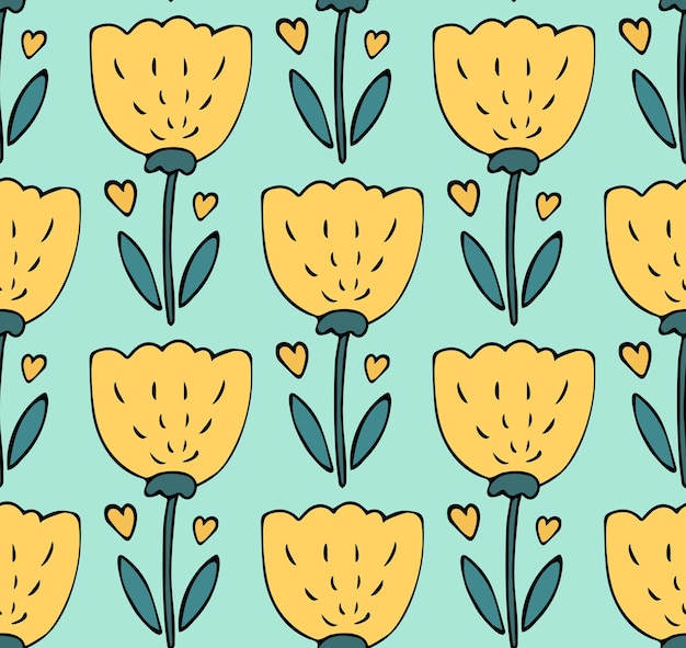 Cute seamless pattern vector background with hand drawn yellow tulip flower doodle with hearts