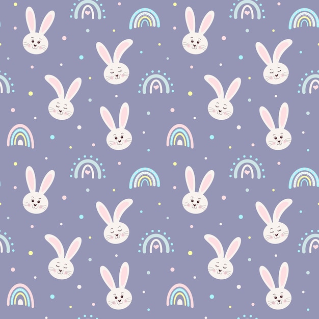 Cute seamless pattern with bunnies head and boho rainbows Scandinavian childish background