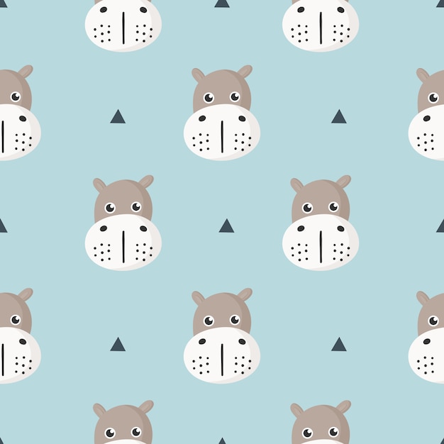 Cute seamless pattern with cartoon baby hippo for kids. animal on blue background. 