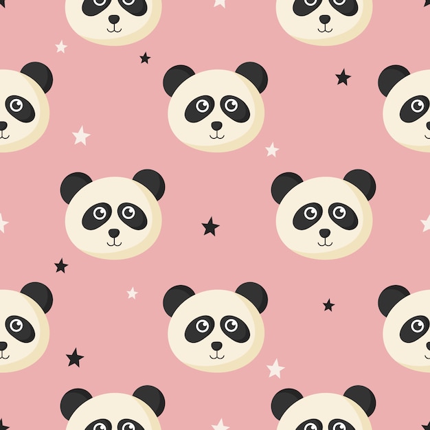 cute seamless pattern with cartoon baby panda and star for kids. animal on pink background.