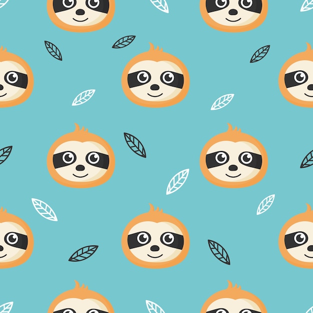 cute seamless pattern with cartoon baby sloths and Leaves for kids. animal on blue background. 