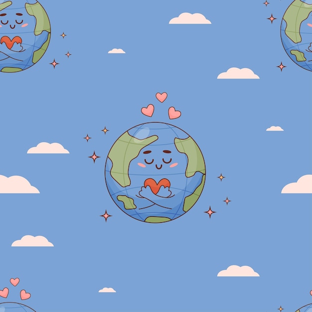 Cute seamless pattern with cartoon character enamored planet Earth with heart on blue background