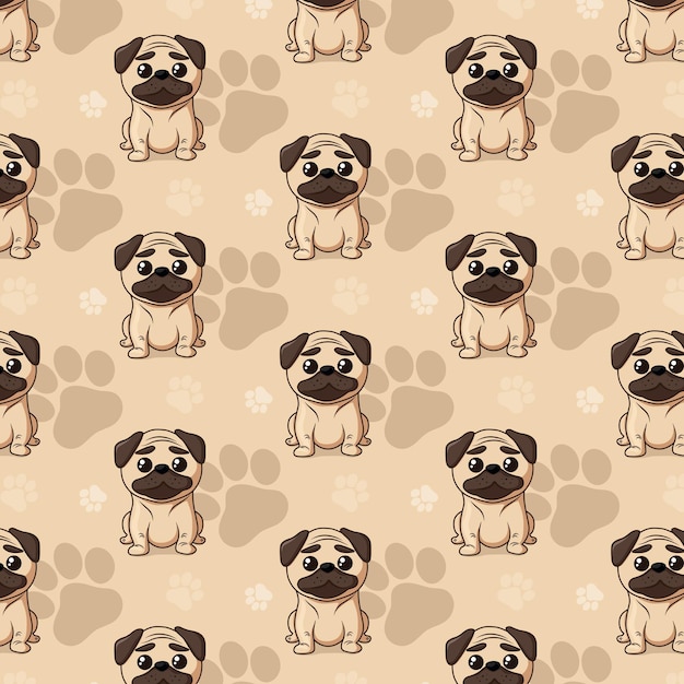 Cute seamless pattern with cartoon Pug and paws. Pattern for packaging, wrapping paper, textile and