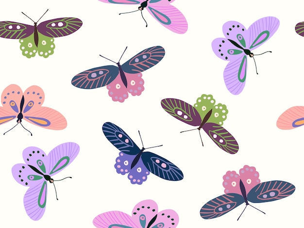 Cute seamless pattern with colorful Hand drawn doodle butterflies in naive trendy style