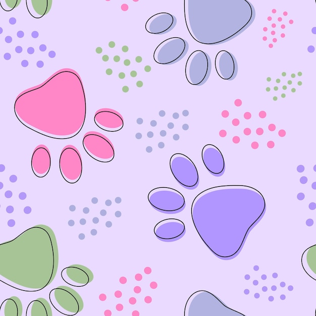 Cute seamless pattern with colorful pets paws Cat or dog footprint outline background with dots