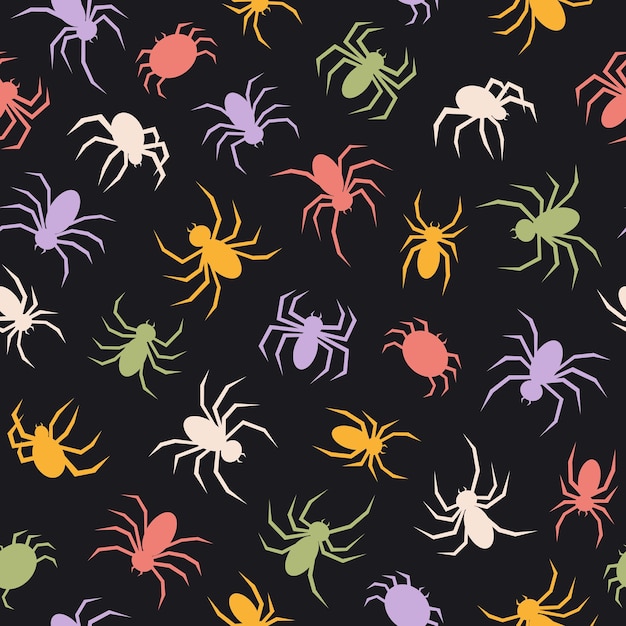 Cute seamless pattern with colorful spiders on a black background.