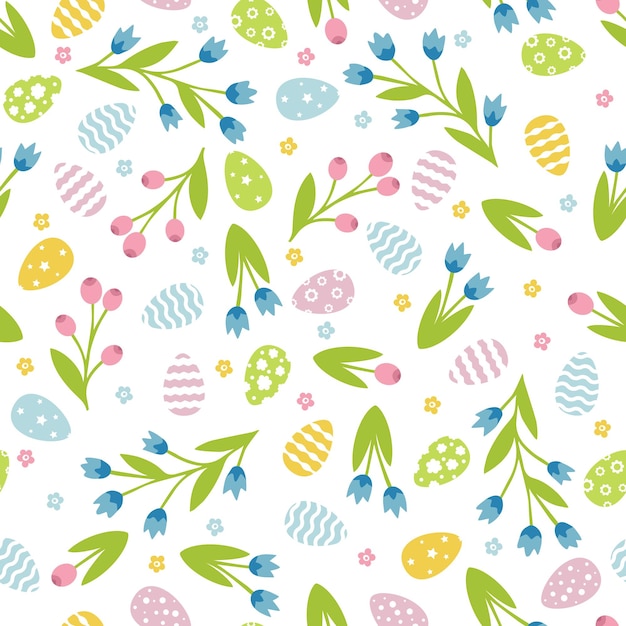 Cute seamless pattern with easter and floral elements Seamless pattern with eggs and simple flowers