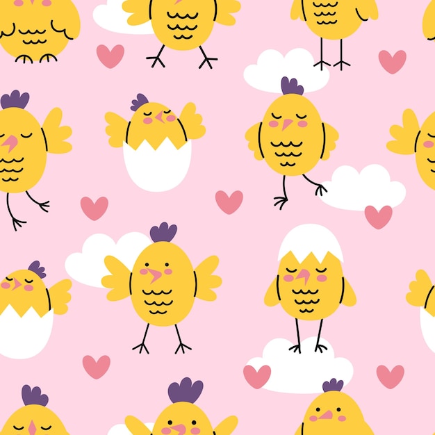 Cute seamless pattern with Easter yellow chicks with hearts and clouds on a pink background Vector cartoon illustration