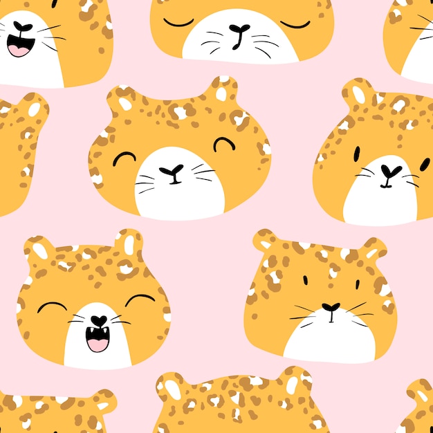 Cute seamless pattern with the faces of a leopard with different characters.