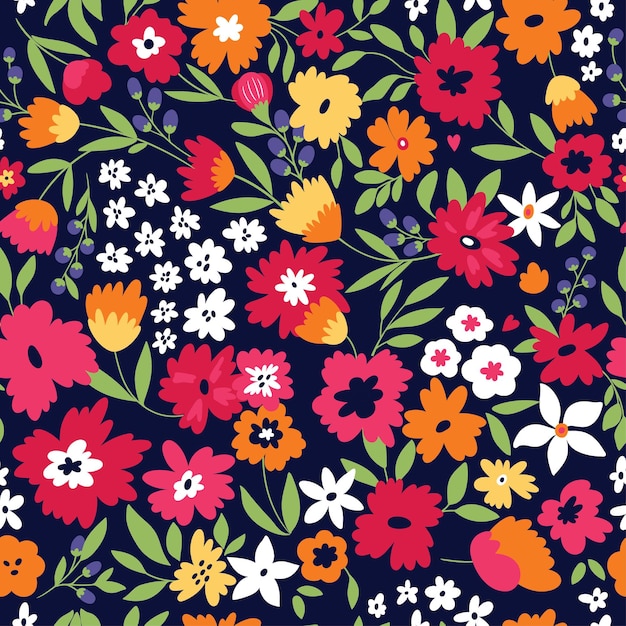 Cute seamless pattern with flowers and leaves