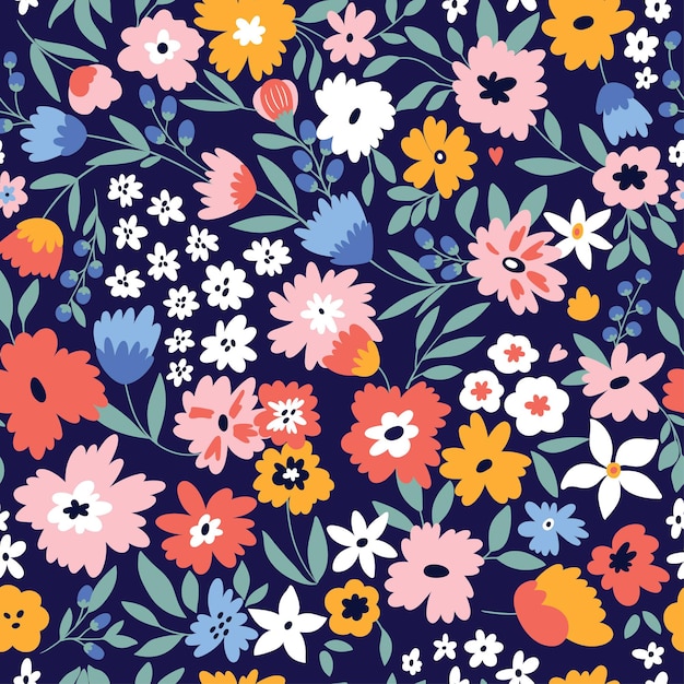 Cute seamless pattern with flowers and leaves