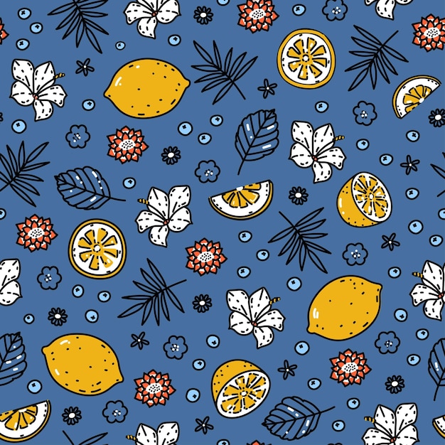 Cute seamless pattern with fresh juicy lemons and exotic tropical flowers drawn in sketch style