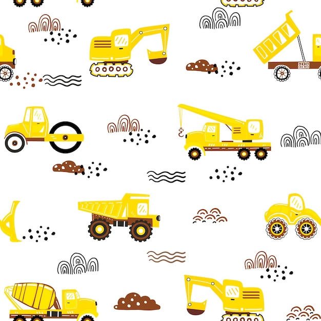 Cute seamless pattern with hand drawn construction machinery Vector childish cute cars pattern