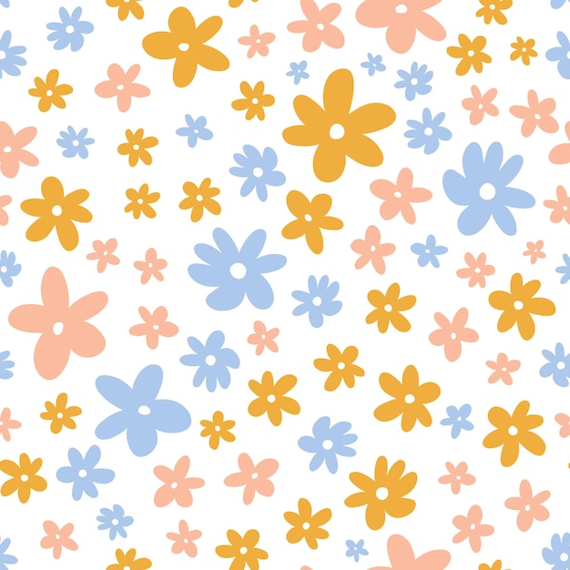 Cute seamless pattern with hand drawn spring flowers Simple botanical background