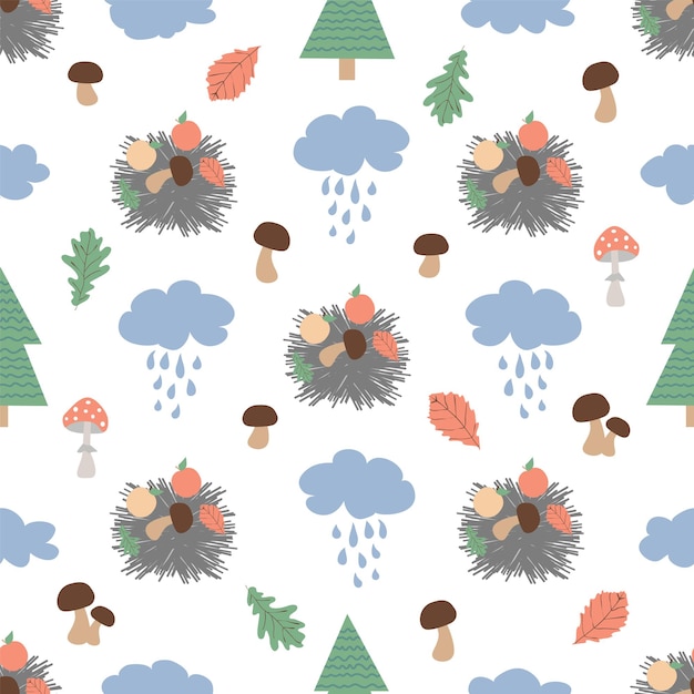 Cute seamless pattern with hedgehog mushrooms and trees Hand drawn