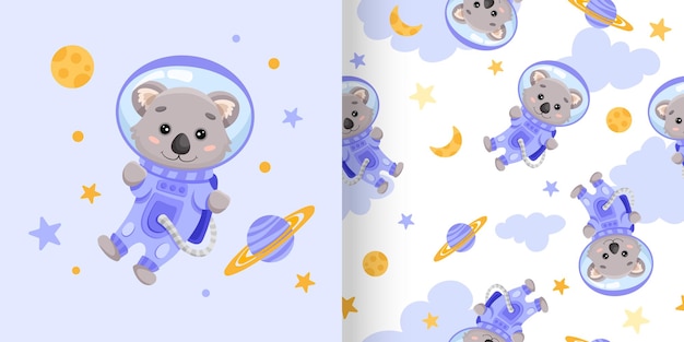 Cute seamless pattern with Koala Astronaut, stars, moon and planets for nursery poster