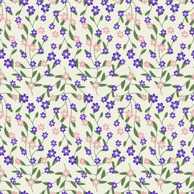 Vector cute seamless pattern with lilac and pink flowers and leaves