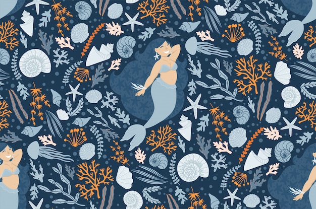 Cute seamless pattern with mermaids