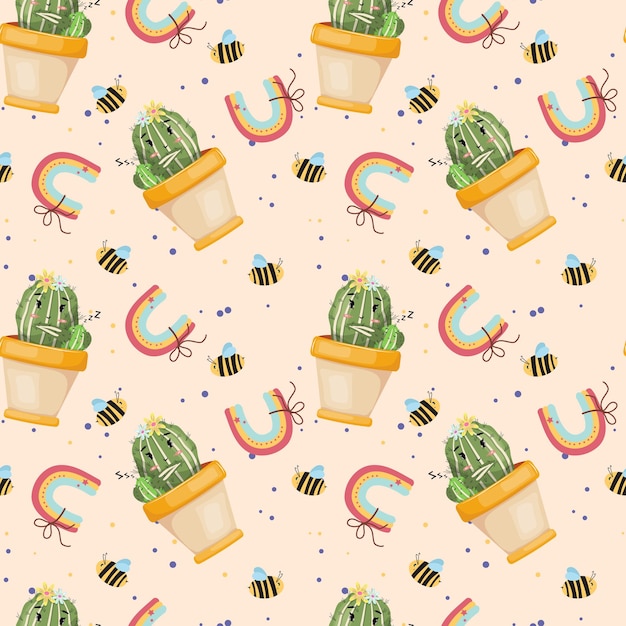 Cute seamless pattern with mother cactus and sleeping cactus baby, bees and rainbows.