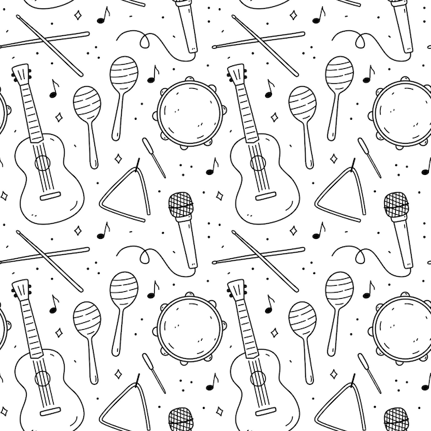 Cute seamless pattern with musical instruments drumsticks maracas tambourine microphone and guitar