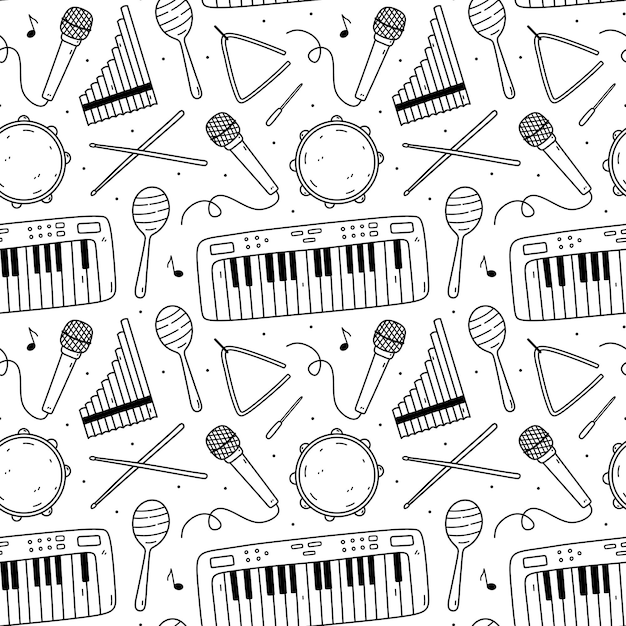 Cute seamless pattern with musical instruments drumsticks maracas triangle tambourine microphone