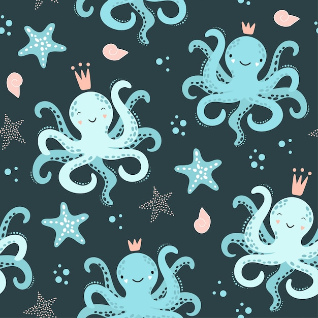 Cute seamless pattern with octopus, starfish.